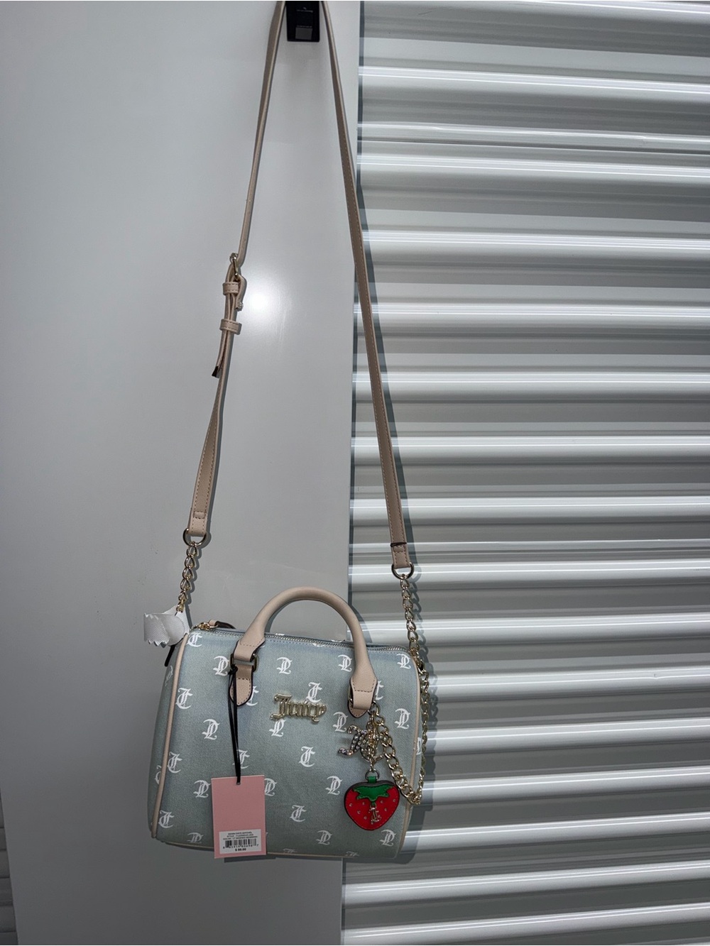 Juicy Couture Light Gray and Beige Monogram Crossbody with Strawberry Charm